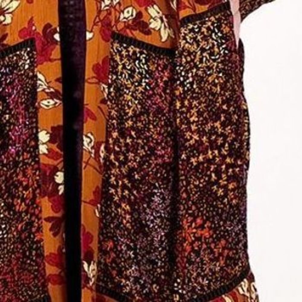LOGO by Lori Goldstein Multi-Print Long Cardigan Coat in Burgundy & Mustard - Picture 2 of 6